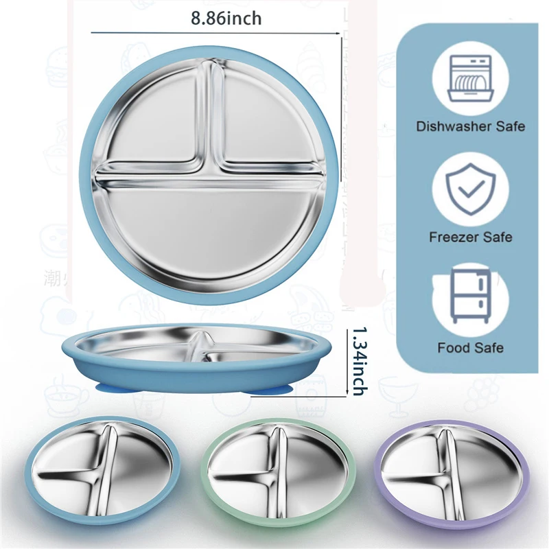 

Stainless Steel Kids Plate with Suction Non-Slip Baby Feeding Plates Anti Breakage Divided Metal Toddler Bowls Dishwasher Safe