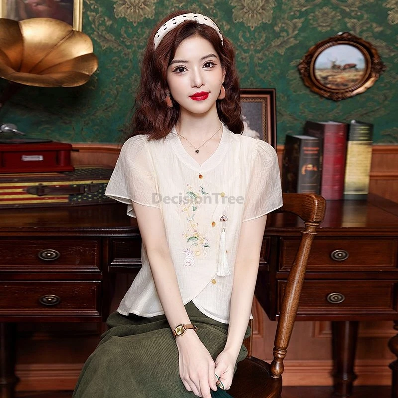 

Модная шифоновая блузка в китайском стиле с вышивкой, короткий рукав, воротник-стойка, на пуговицах, для повседневной носки
