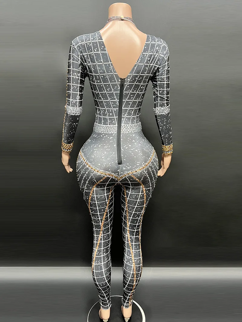 Op Maat Gemaakte Nieuwe Lange Mouw Strass Hoge Elastische Pailletten Sexy Strakke Jumpsuit Verjaardagsfeestje Lange Jurk Prestatie Jurk