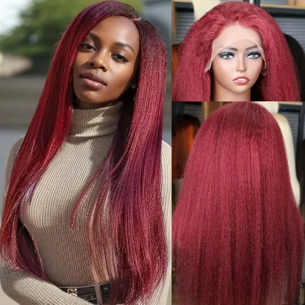 Pelucas frontales de encaje Borgoña liso rizado 13 × 4 cabello humano transparente prearrancado Color rojo 220 densidad peluca Frontal de encaje para mujeres 99J