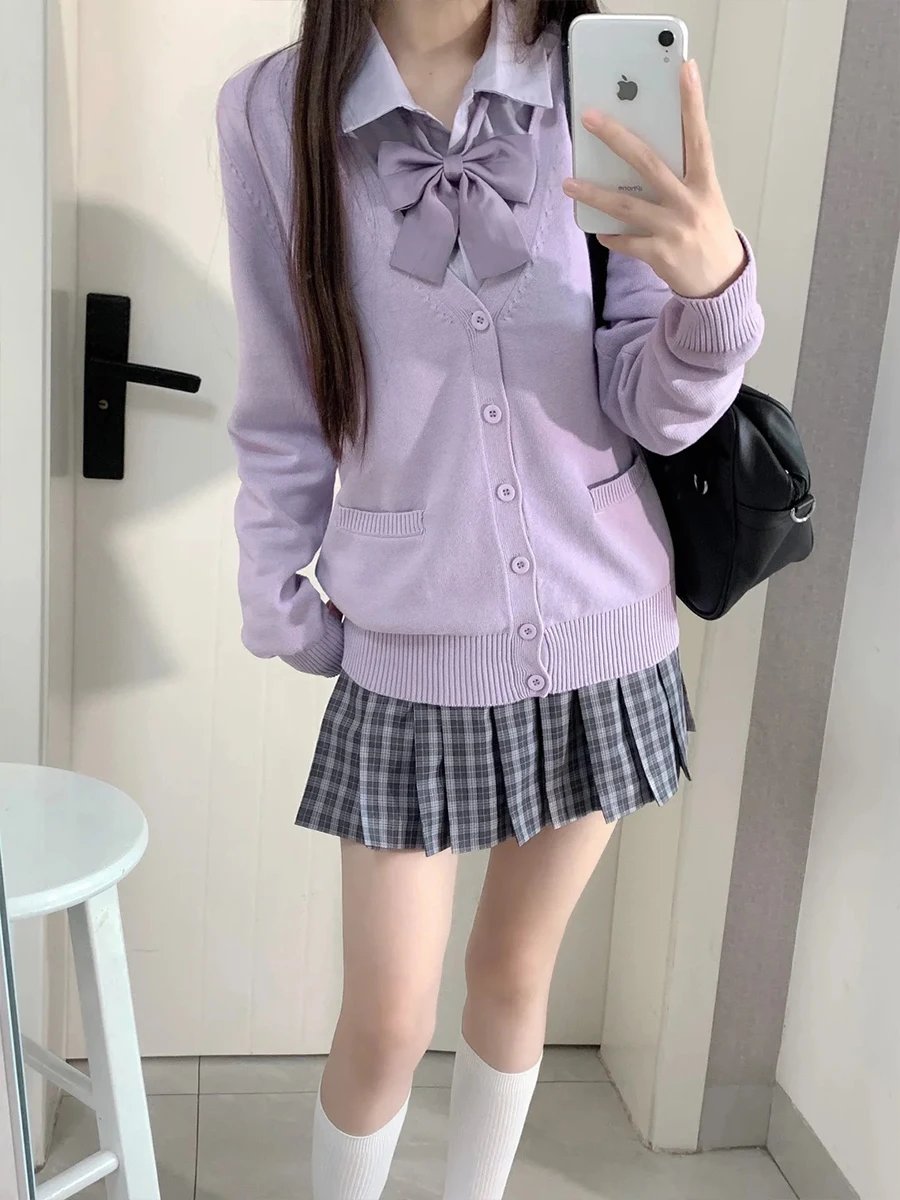 

Фиолетовый Cherry Milk Flavor Jk orm School Supply Feel Верхняя одежда Вязаный свитер женский свободный крой Soft V Ne Long Sve