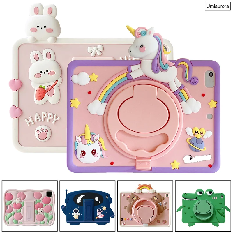 Cartoon Unicorn Kids Silicon Case For IPad 10.9 10.2 7th 8th 9th 10th Gen Air 2 3 4 5 Mini 6 Pro 10.5 11 2022 Handle Stand Cover