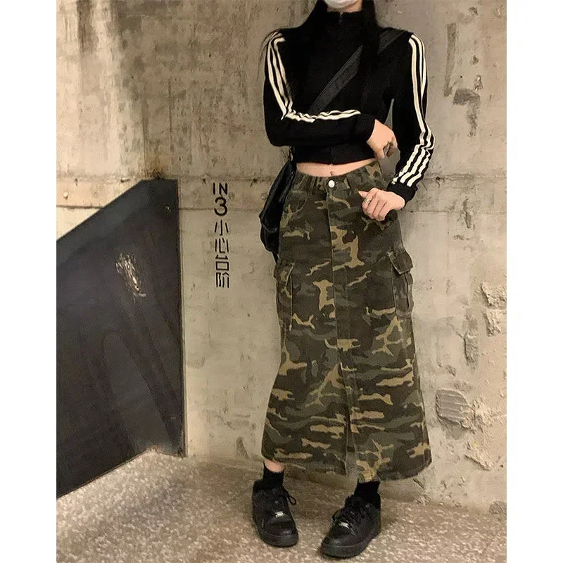 Korean Green Camo Print Long Skirt Women Loose High Waist Big Pocket Demin Skirts Streetwear Y2K Cargo Skirts Summer Falda Mujer