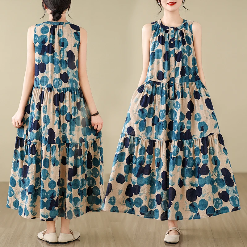 Vestido Midi Bohemio de Gran Tamaño con Corte en A para Mujer, Vestido de Verano Holgado de Algodón y Lino con Cuello Redondo y Estampado sin Mangas