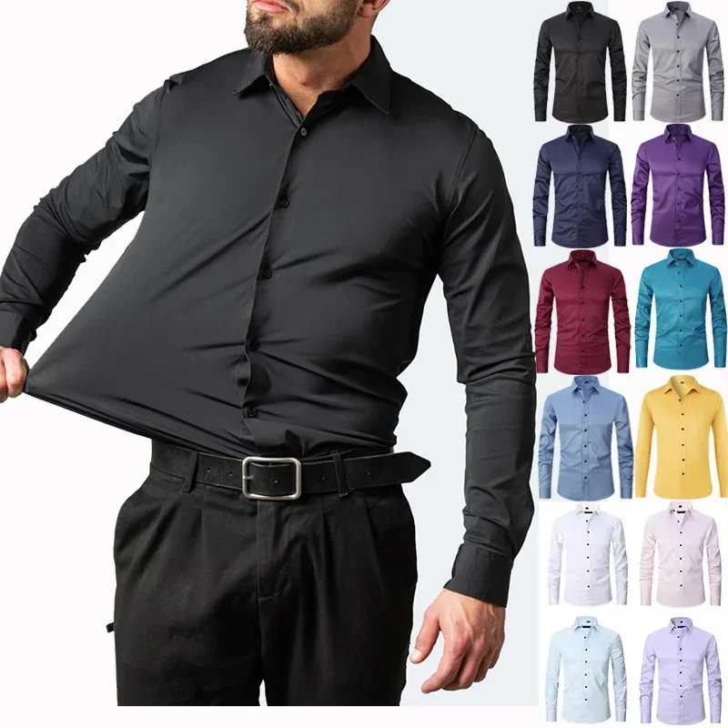 

Men's long sleeved shirt, elastic, non ironing, wrinkle resistant, minimalist, business casual, silky, and traceless white shirt