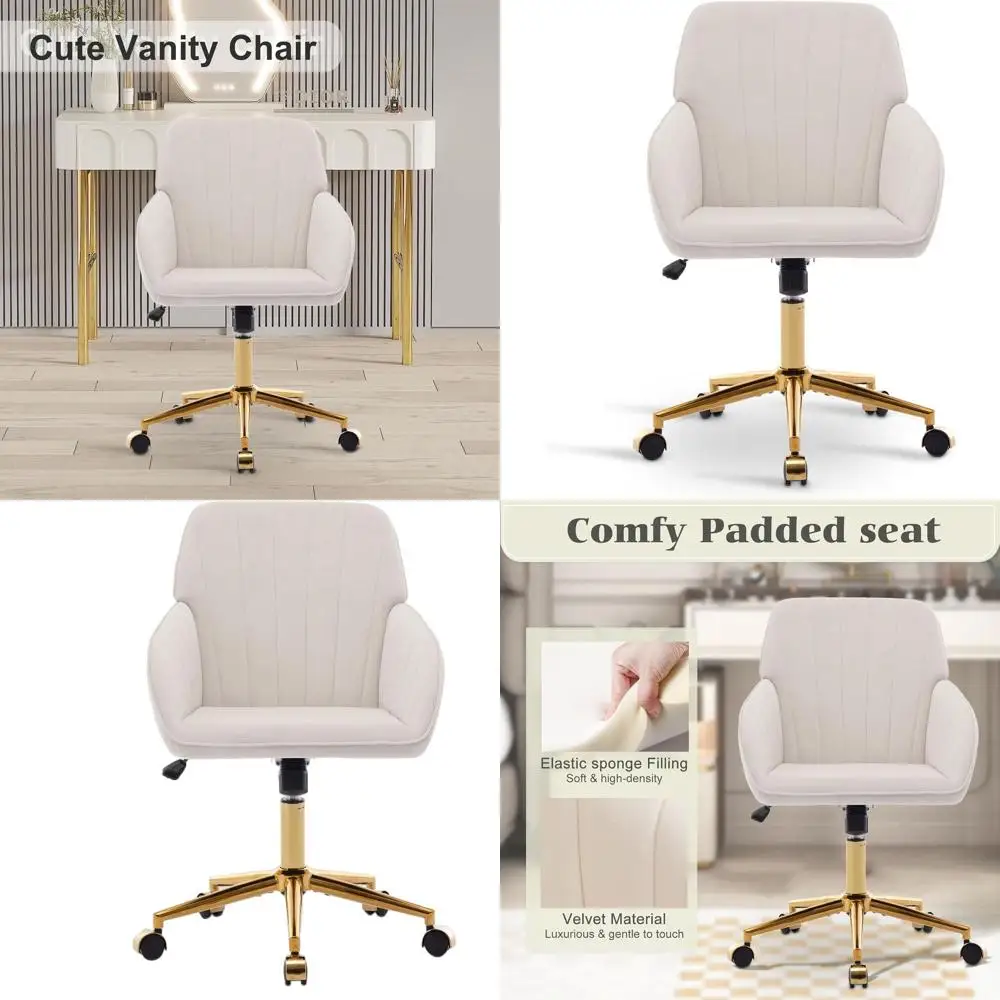 

Кремовое велюровое кресло на колесиках с золотыми ножками для домашнего офиса и туалетного столика, удобное офисное кресло на колесиках