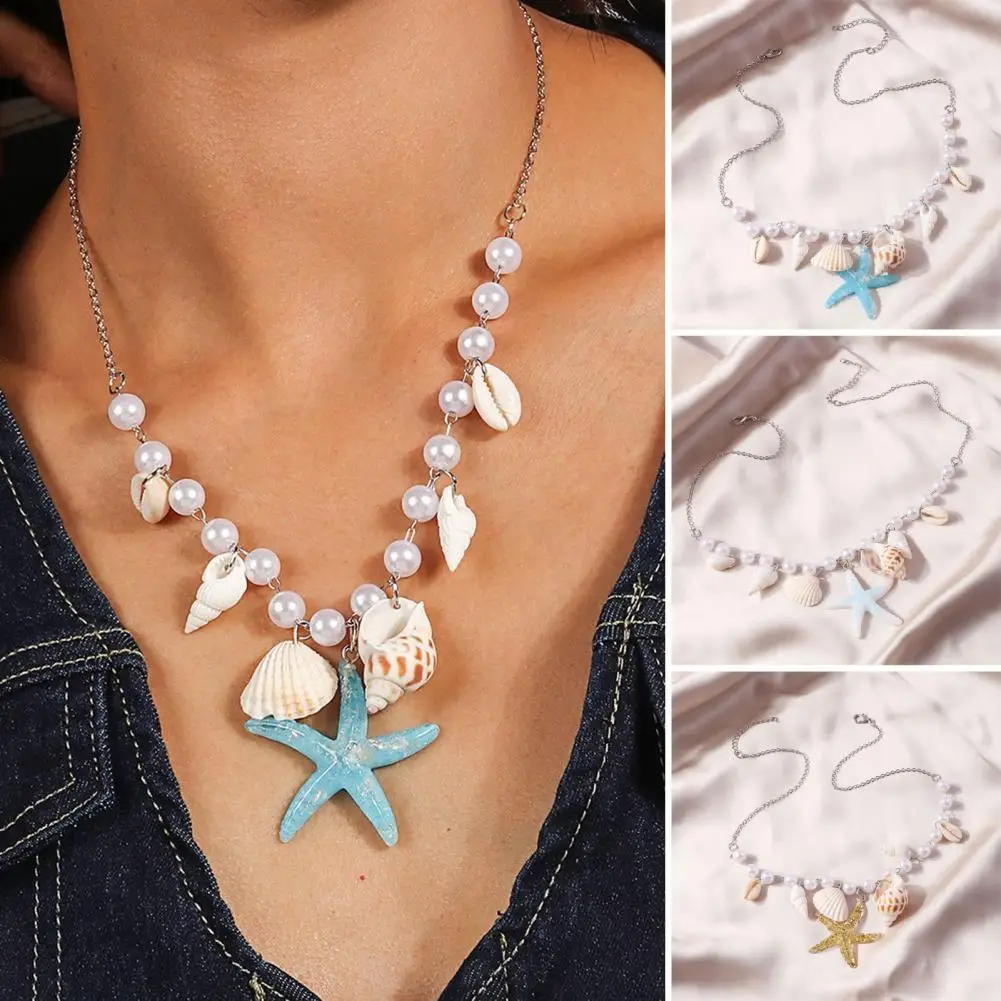 Exquisite Necklace Stunning Conch Starfish Necklace with Faux Pearl Trendy Beach Jewelry with Fine Workmanship for Versatile