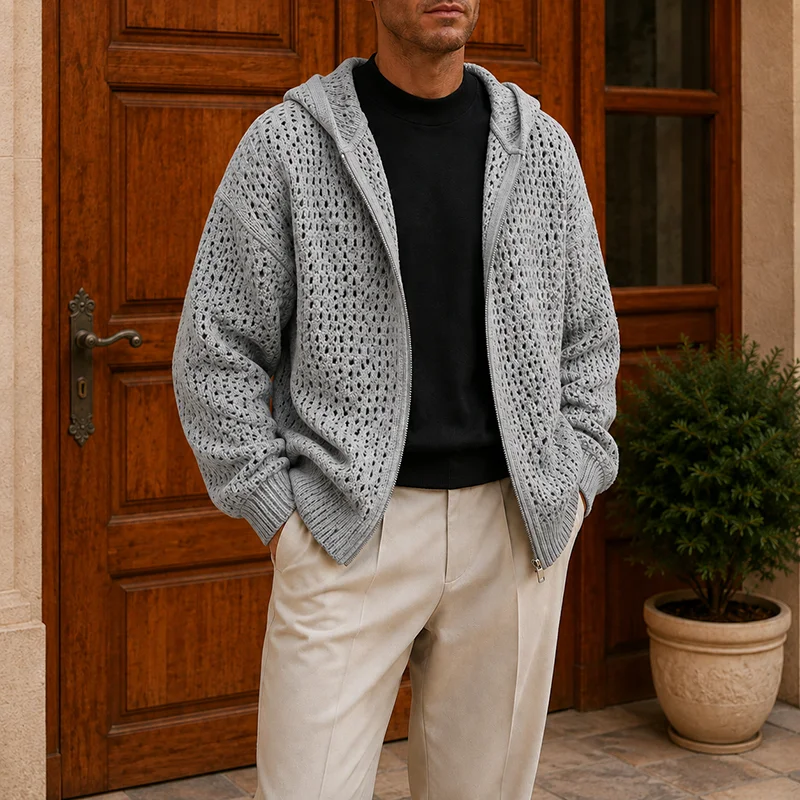 Men'S Fashion Zip Sweater - Men's Hollow Out Design Hooded Zip-Up