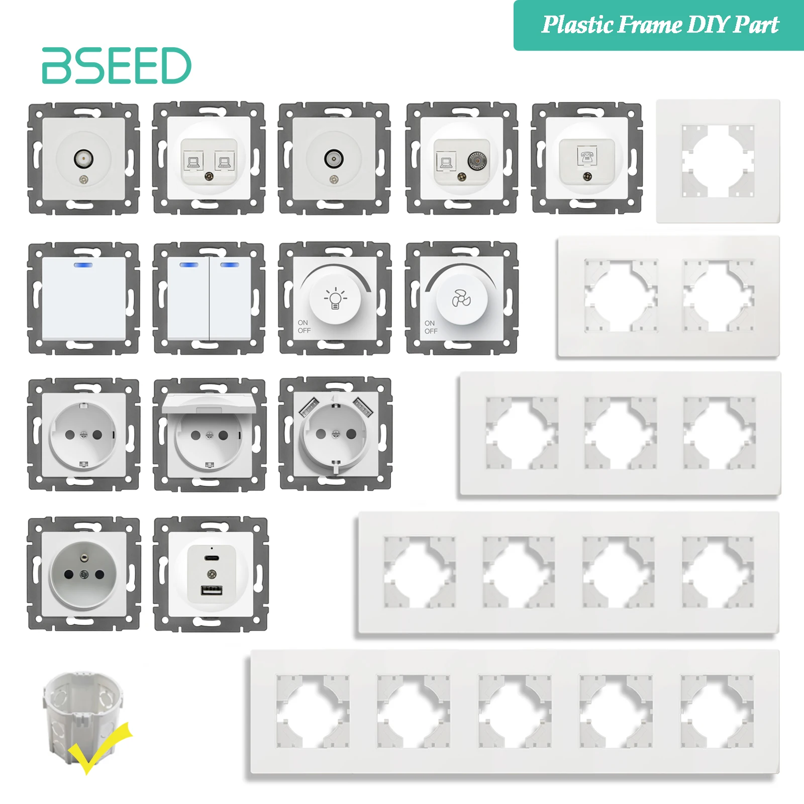 BSEED Wall Button Switch 1/2Gang USB Type-C Wall Socket Module Part Internet TV Telephone Socket Plastic Frame DIY Function Part