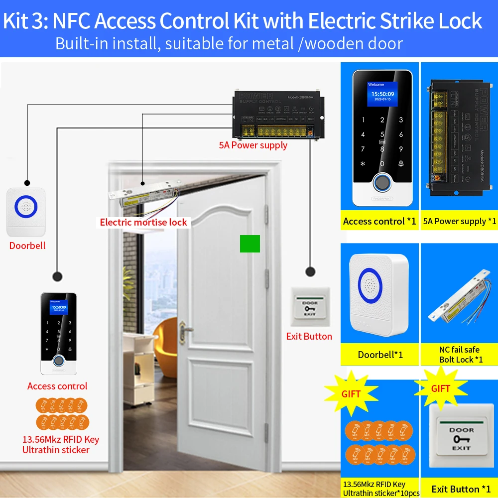 Bluetooth Tuya APP Door Access Control Kit Waterproof RFID NFC Biometric Fingerprint Keypad 180KG Electric Magnetic Strike Locks