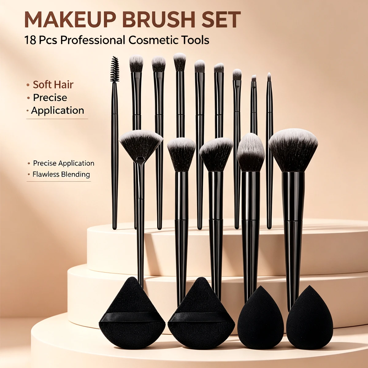 18Pcs 18Pcs Black Makeup Brush Set, Soft Synthetic Brushes with 2 Beauty Blenders & 2 Triangle Powder Puffs, Complete Cosmetic Tools - Aliexpress Deal