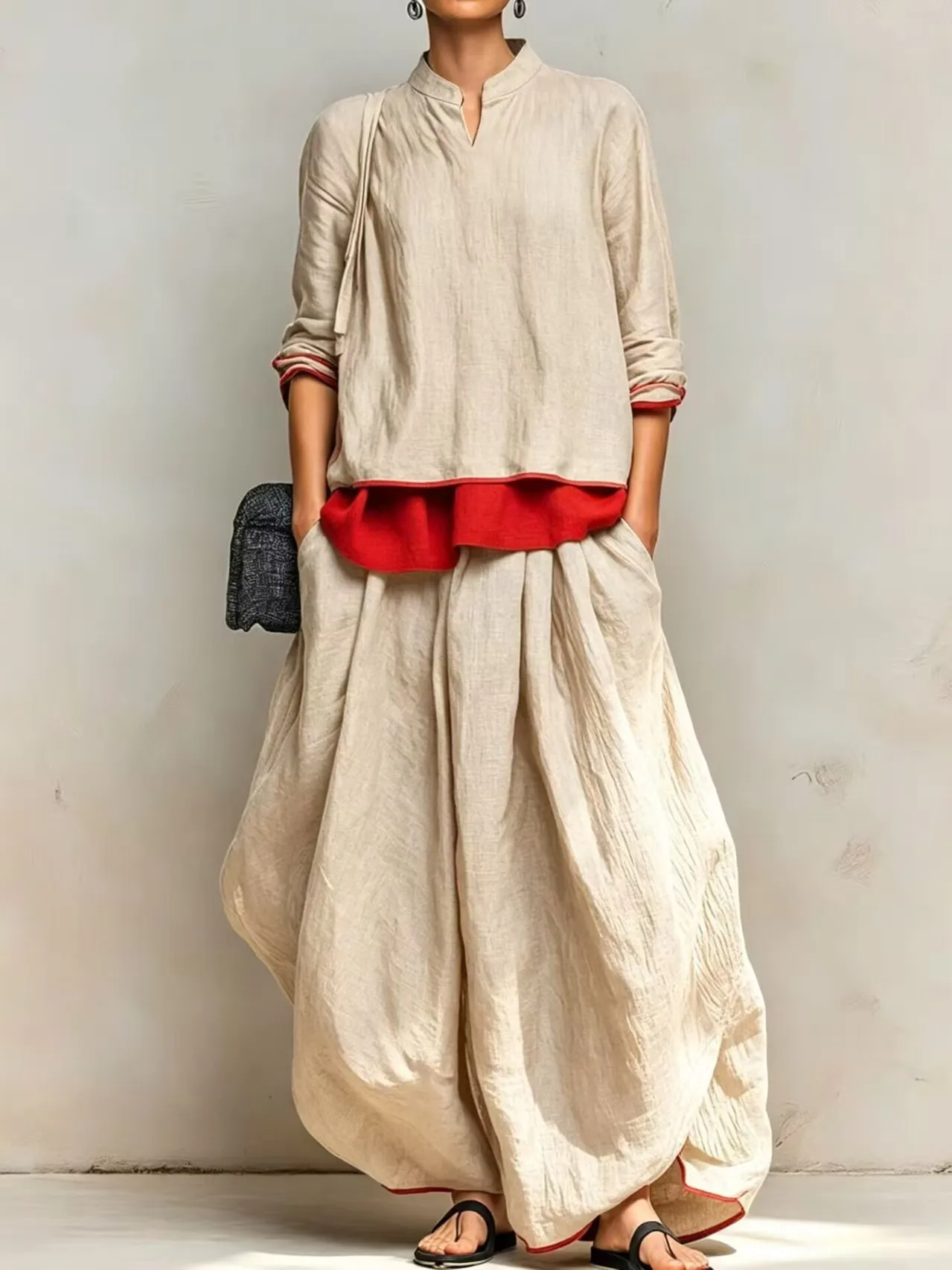 XXOWENLI Women 2 Piece Outfit Set Stand Collar 3/4 Sleeve Loose Blouse + Wide Leg Harem Long Pants Vintage Casual Two Piece Suit