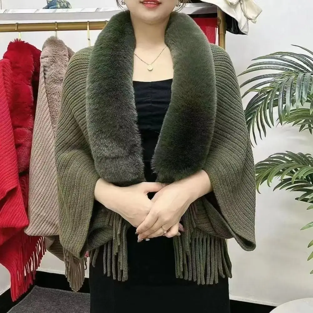 Knitting Thick Women\'s Loose Shawl with Faux Fur Collar for Evening Dresses Wedding Knitting Shawl Plush Wraps Cardigan Cape