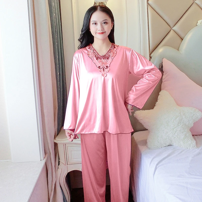 Women\'s Pajamas Set Summer Long Sleeve And Pants Pyjamas Two-piece Set Pajama Ice Silk Satin Sexy Sleepwear Home Suit Loungewear