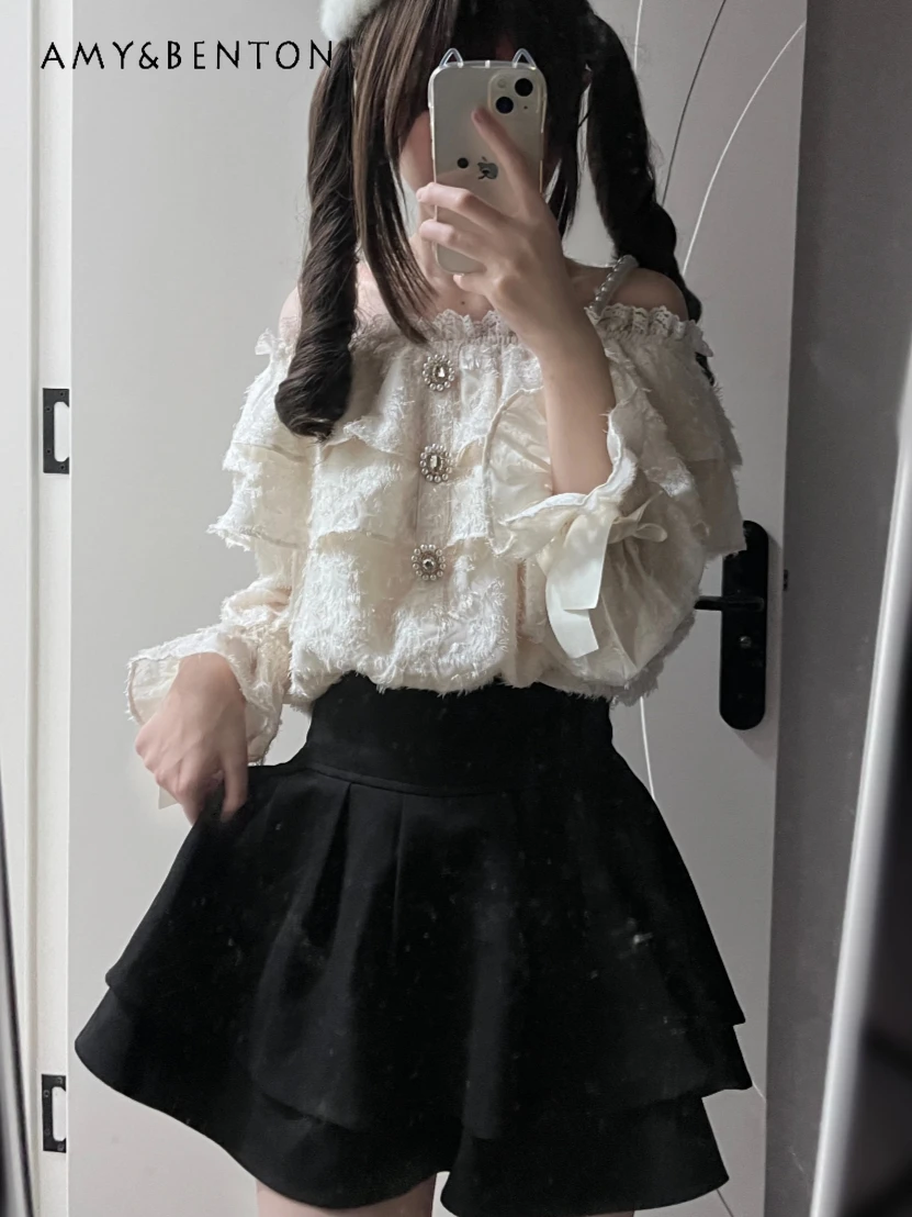 

Rojita Japanese Style Sexy Off-Shoulder Long Sleeve Shirt Women Sweet Elegant Pearl Rhinestone Lace Patchwork Long Sleeve Shirts