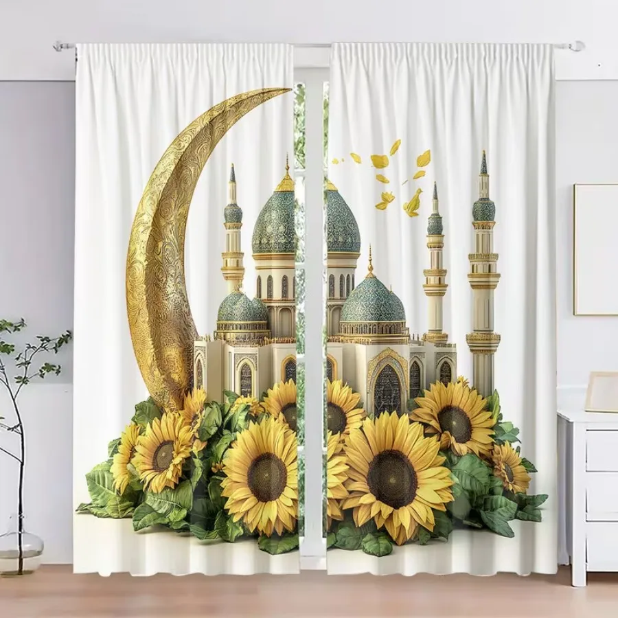 2 PCS Sunflower Ramadan Curtains, Warm Festival Style Window Drapes for Living Room Bedroom Home Decor Polyester Rod Pocket
