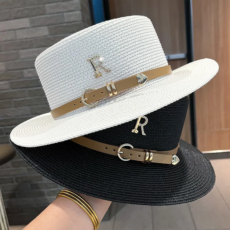 Luxury Designer Summer Panama Reinstone R Letter Belt Buckle Flat Top Sun Hat Lady Travel Sunshade Big Brim Straw Hats Fedora