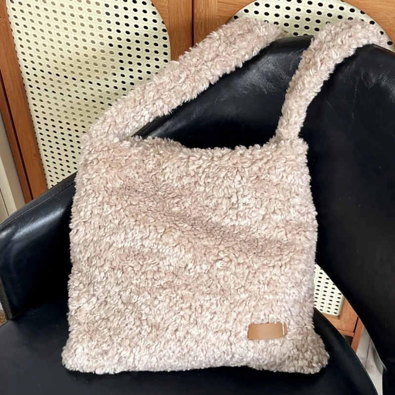 Women Winter Teddy Fleece Hobo Bag Soft Fuzzy Plush Large Capacity Casual Daily Shopping Ladies Underarm Shoulder Handbag