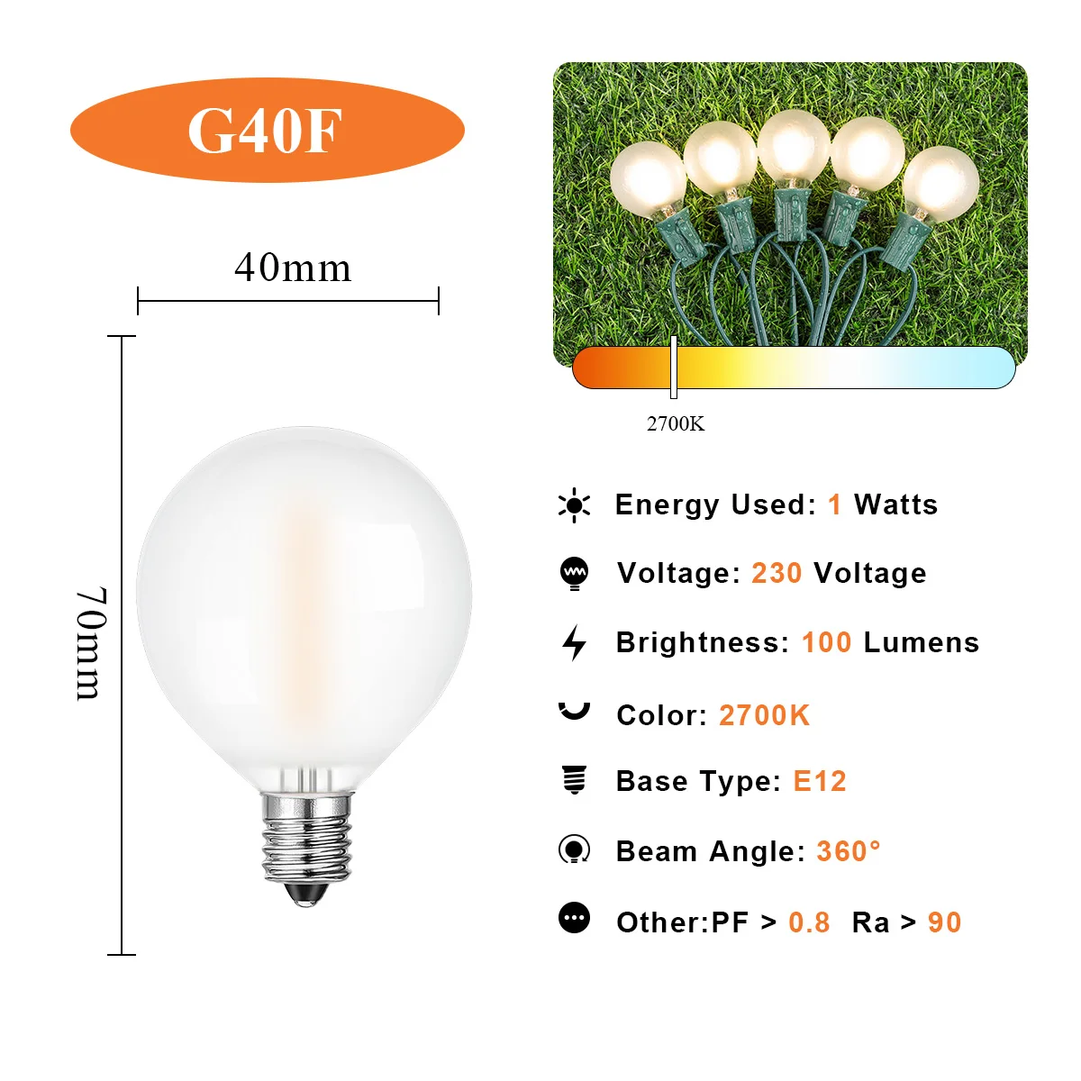 Waterproof G40 String Light Frosted Glass 1W E12 Connectable Outdoor Garland Fairy Light Chain Garden Party Christmas Decoration