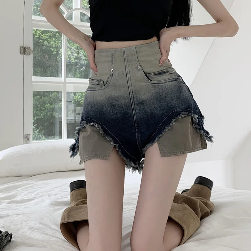 Y2k Streetwear High Waist Denim Shorts Gradient Pocket Design Jeans For Women Fashion Raw Edge Fake Two Piece Denim Shorts