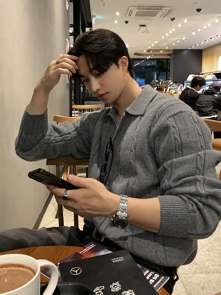 

New cashmere sweater leisure lapel hemp pattern sweater luxury single-breasted Joker men's sweater