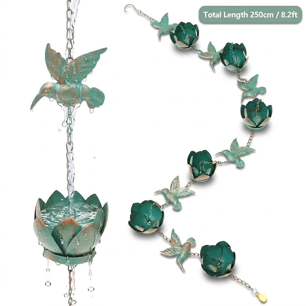 Kolibri-Blumen-Regenkette 8,2 Fuß Verstellbare Metall-Fallrohr-Ersatzkette mit 6 Tassen Dekorativer Metall-Regenwasserumleiter