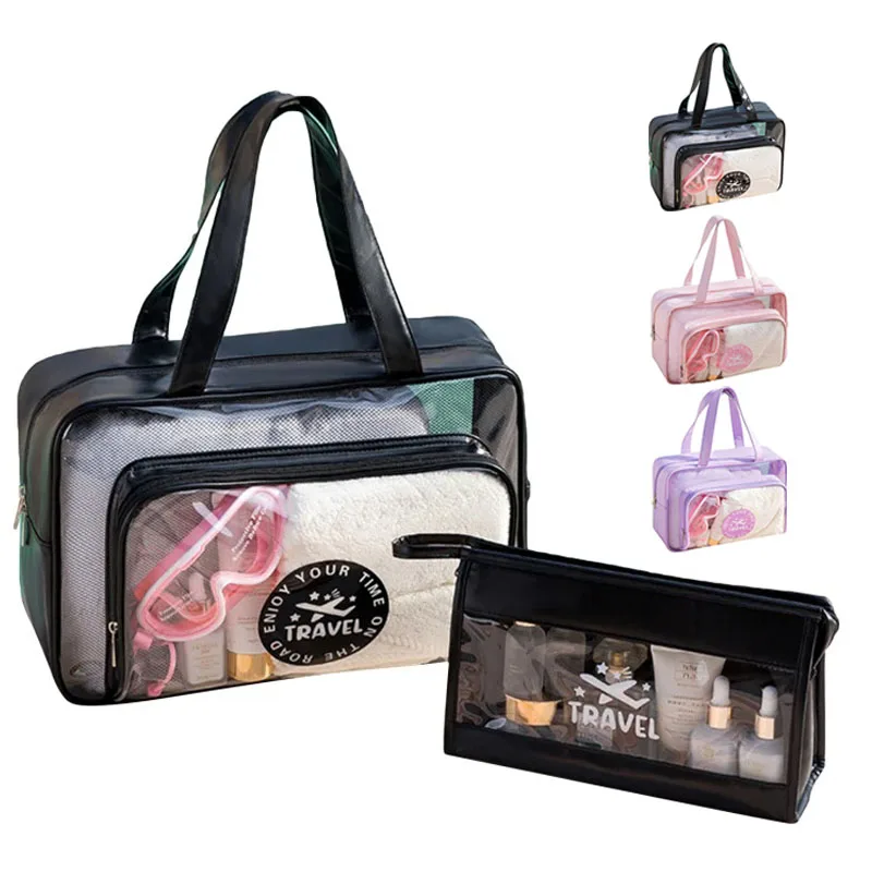 Transparent Travel Shower Bath Bag Dry-Wet Separation Partition Swimming HandBags PVC Storage Bag Makeup Bag