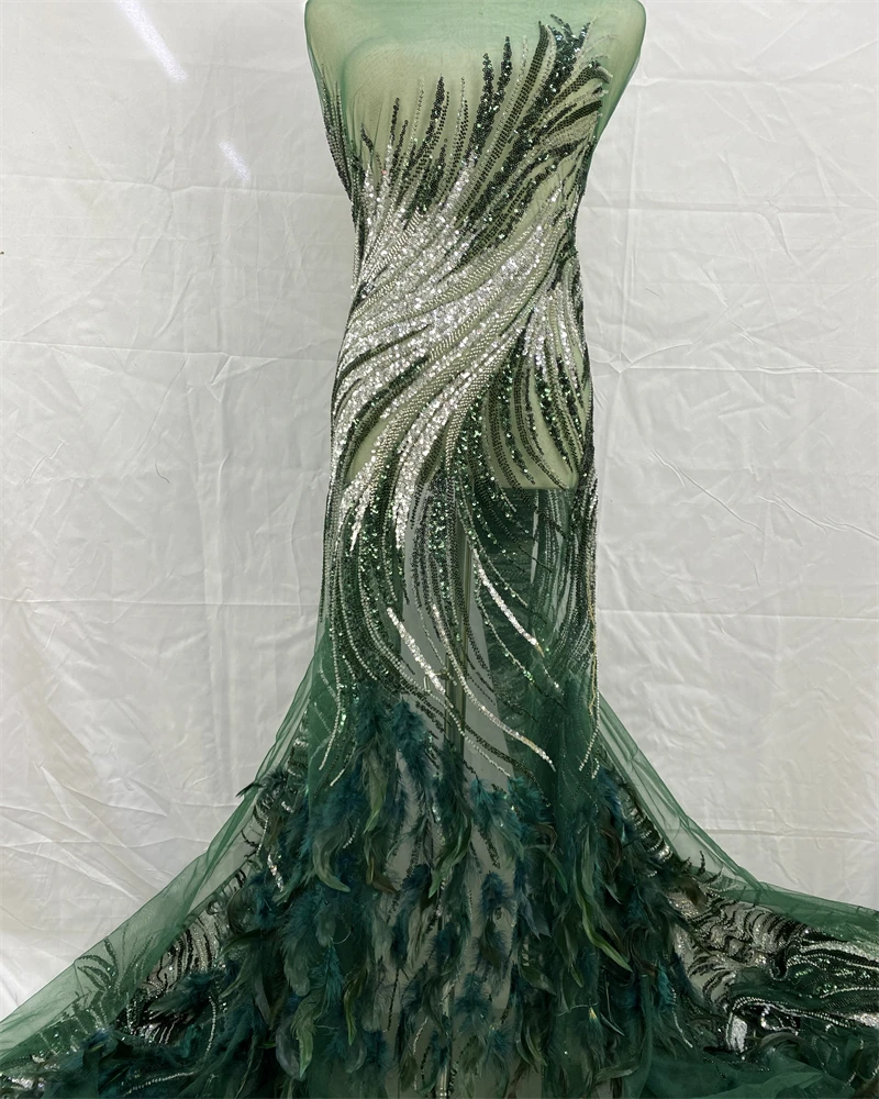 

African Lace Fabric High Quality Sequins Mesh Lace with Luxury Beads 3D Feather Embroidery Tulle for Sewing