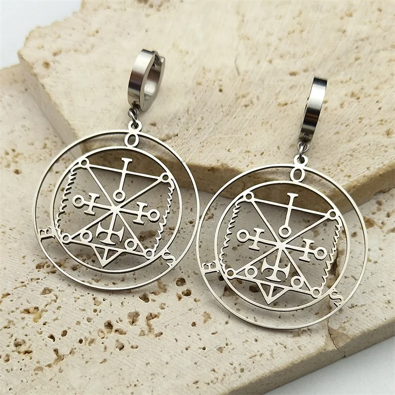 Sigeal Sigil De Lucifer Stainless Steel Satan Hoop Earrings Women OSE Lazer Key Baphomet Stamp Dangle Earrings Jewelry Gift