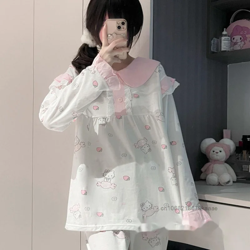 Sanrio Hello Kitty New Y2k Sweet Girl Pajamas Spring Autumn Niche Pure Cotton Sleepwear Japanese Style Cartoon Printed Home Wear