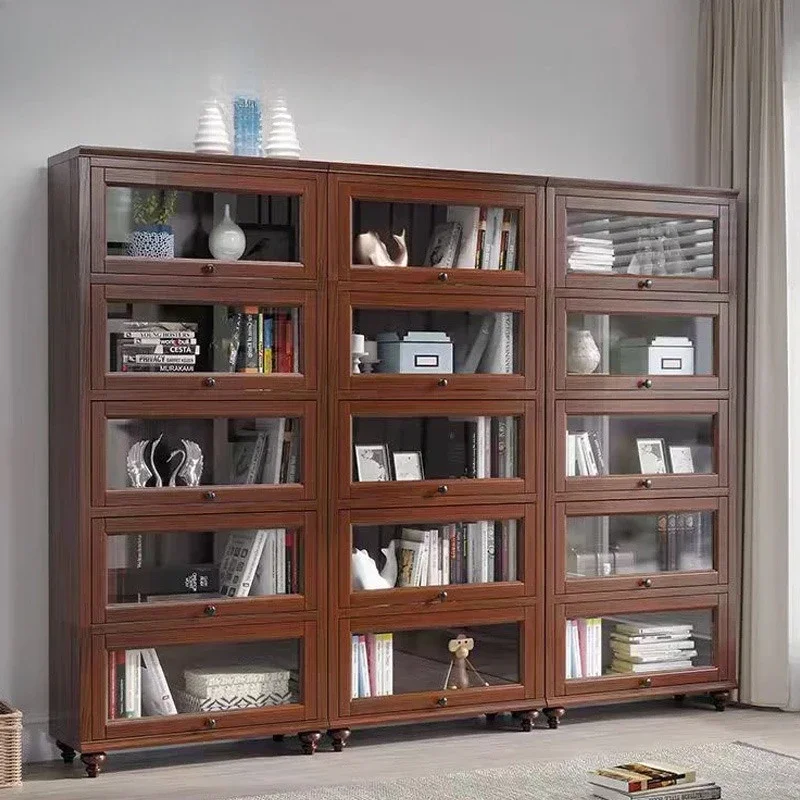 K Solid wood bookcase floor-to-ceiling glass clamshell dust-proof bookshelf storage locker