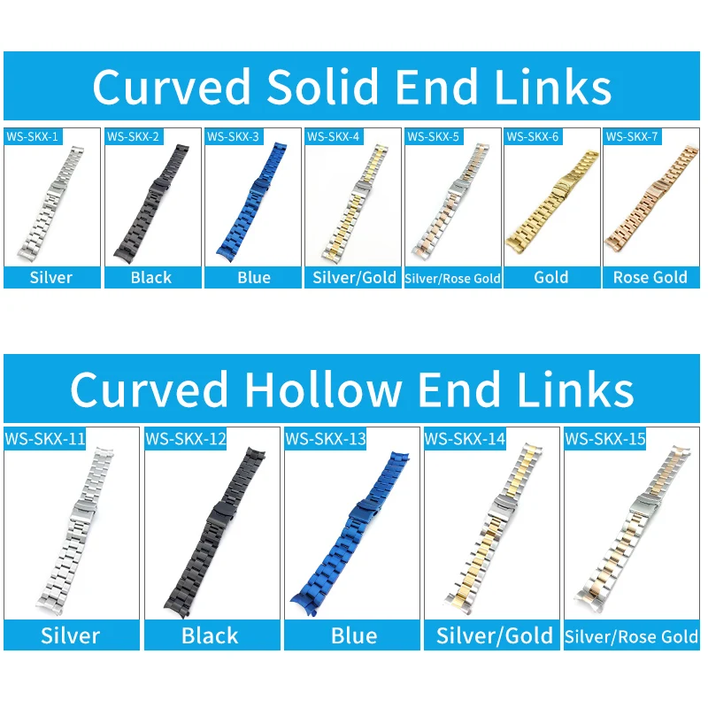 سوار المحار من الفولاذ المقاوم للصدأ ، 22 ، وصلات صلبة ، وصلات نهاية منحنية ، رباط ذو لونين ، سوار ساعة ذهبي وفضي لـ SKX007 ، SRPD