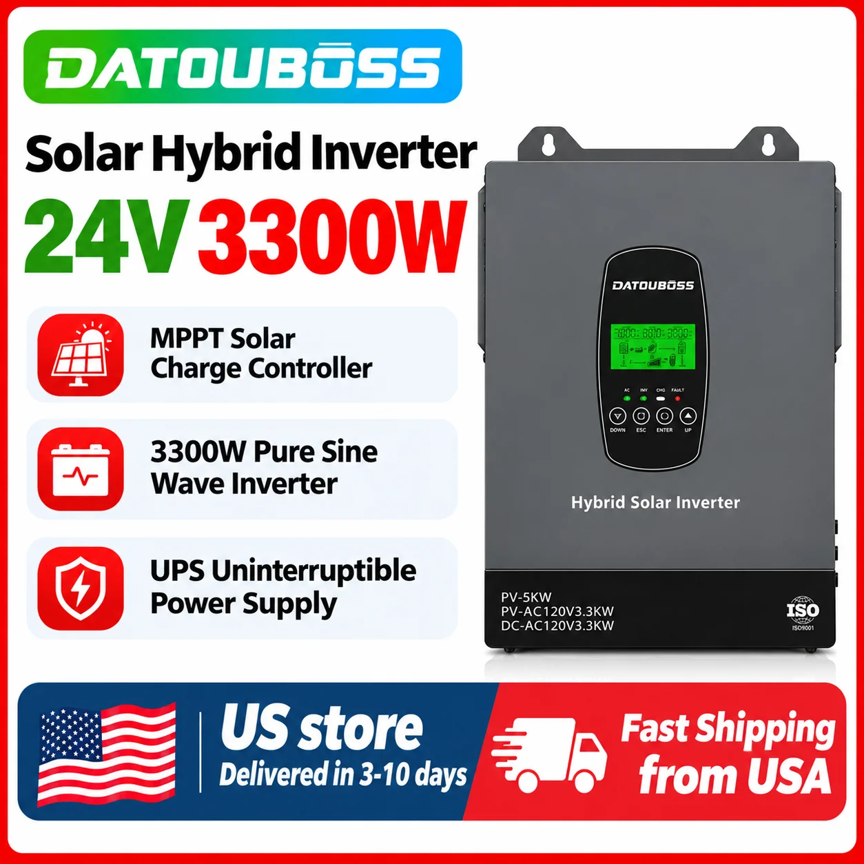 DATOUBOSS 24V3300W Hybrid Solar Inverter, 24V DC to 110/120V AC Inversor with 120A MPPT ,Max. PV Input 5000W 500Vdc,Off Grid Pure Sine Wave Inverter for Lead Acid/LiFePO4 US store