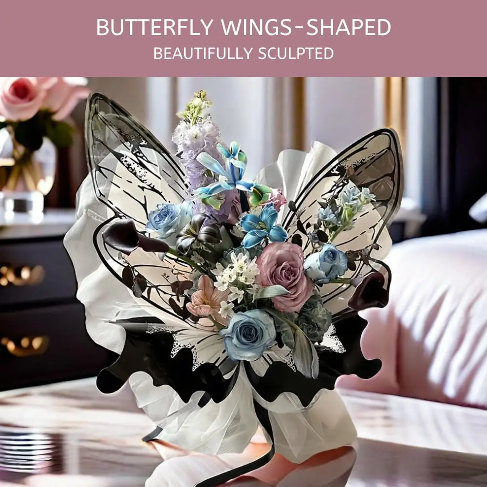 10 Sets Waterproof Butterfly Flower Bouquet Wrapping Paper OPP Clear Floral Wraps Packaging for Florist Supplies DIY Craft Black