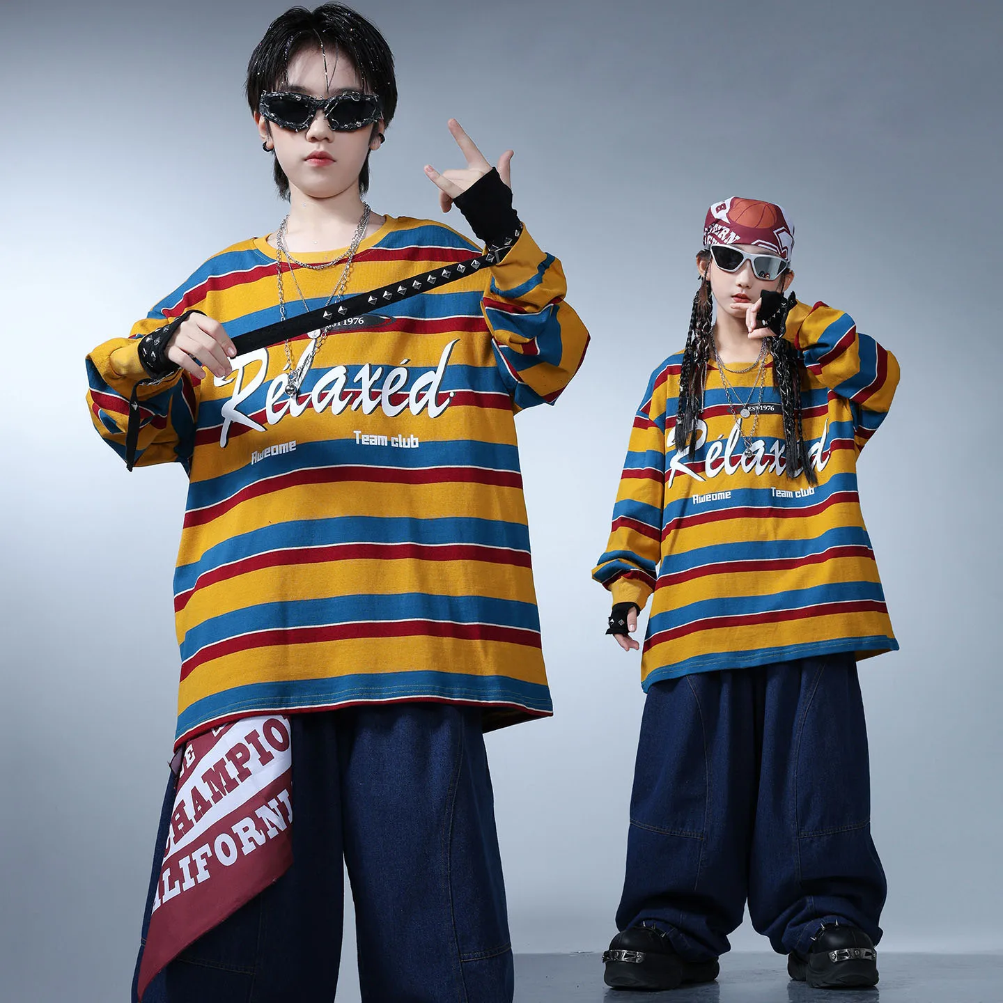Criança kpop hip hop roupas amarelo listrado moletom denim azul calças largas calças largas para menina menino trajes de dança de rua roupas