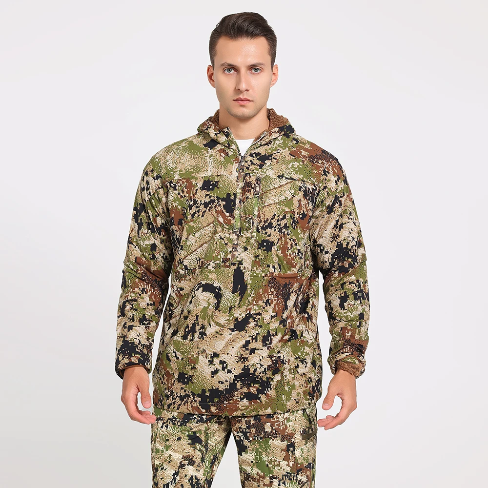 Imagem -05 - Jaqueta Camuflada Elástica Masculina Pulôver de Bolso Canguru de Caça Tecido de Nylon Leve com Forro de Pelúcia Estampado com Capuz