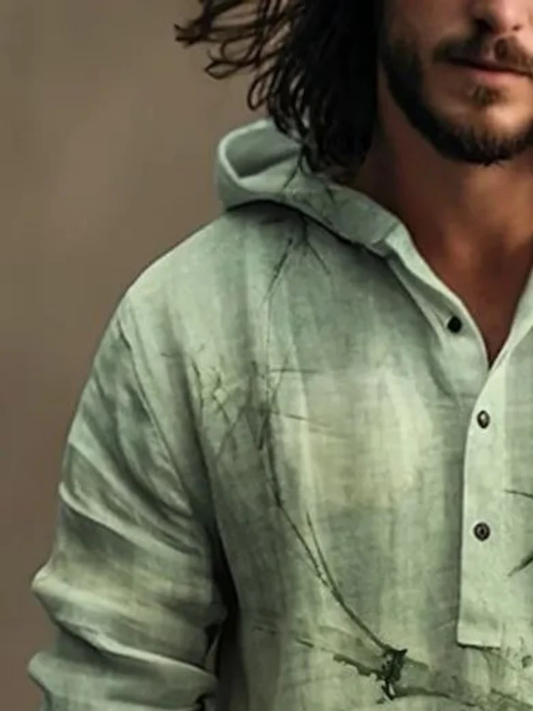 Men's Hooded Henley Shirt Oversized Traditional Chinese Bamboo Ink Painting Blouse Autumn Button Long Sleeve Retro Tops Males