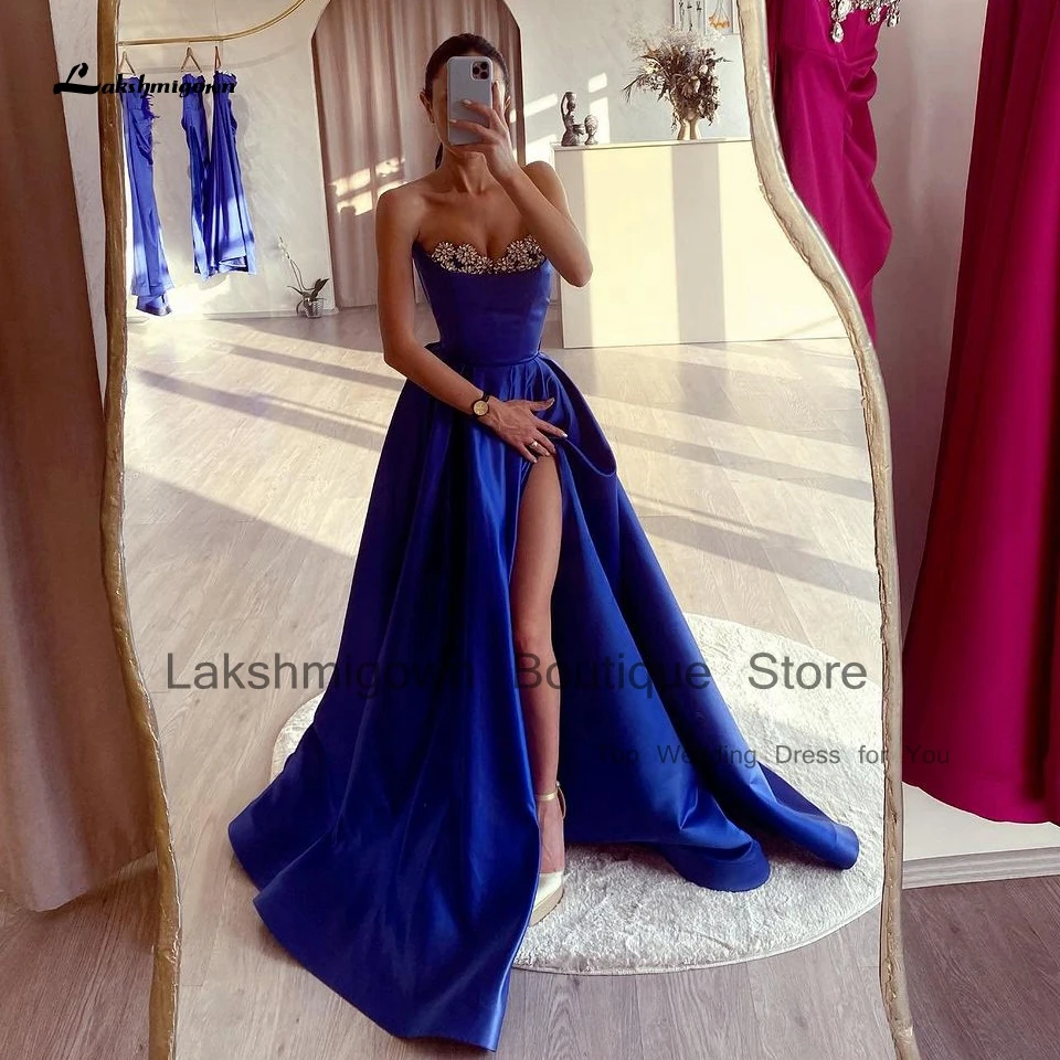 Lakshmigown Luxury Blue Dress Party Evening Gowns Beading Strapless 2024 Abiti Da Sera Satin Long Prom Dresses Custom Made