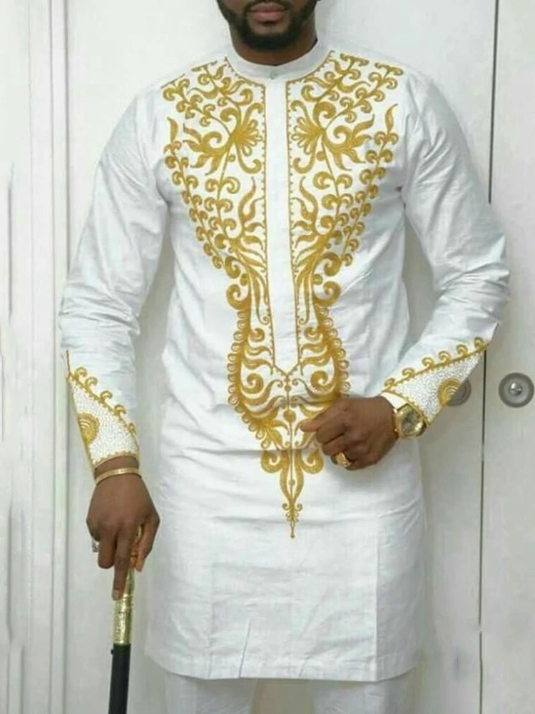 African Men Embroidery Shirt Outfits Africa Long Sleeve Round Collar Top Pants Two Piece Traditional Ethnic Party Wedding Suit