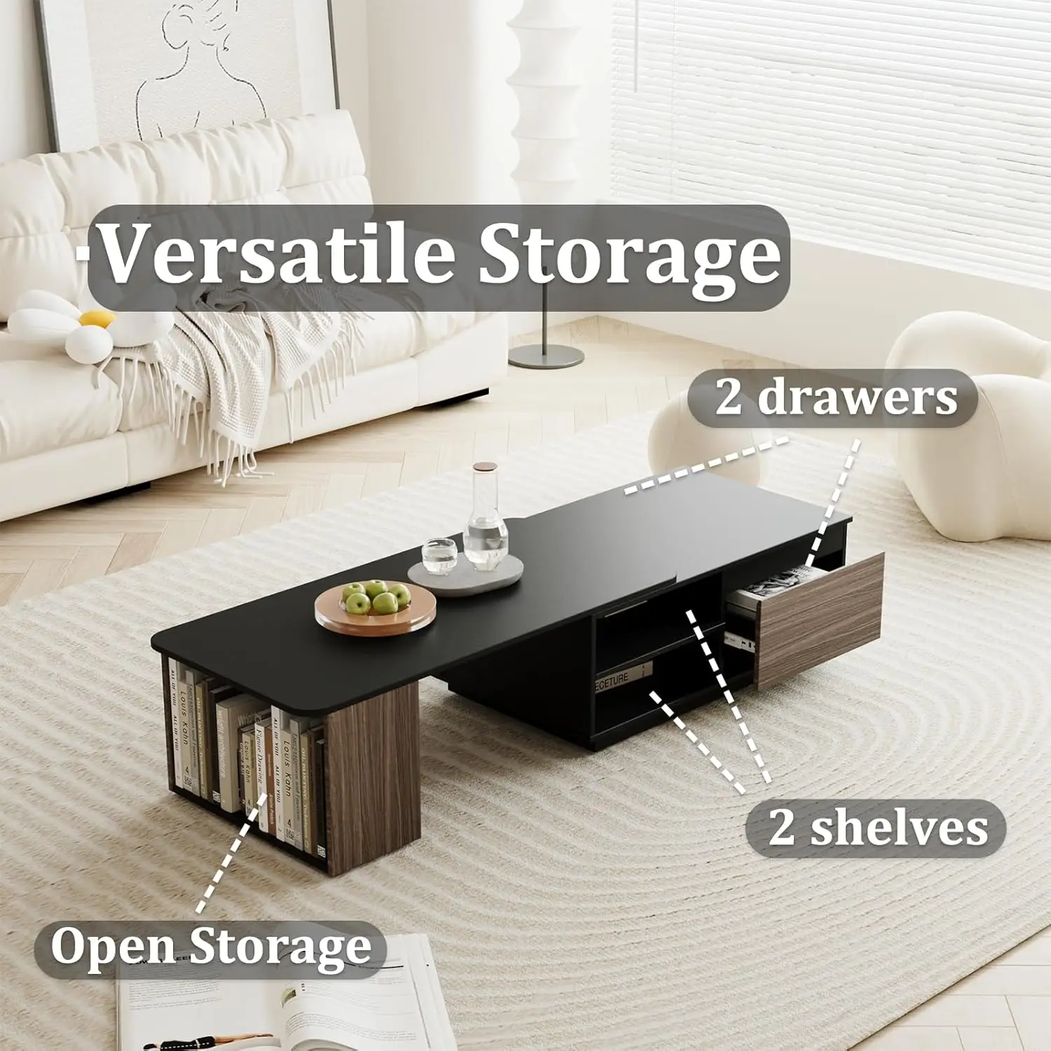 Extendable Coffee Table 48-66'' Rectangle with Drawers Storage Shelf Adjustable Coffee Table, Customized