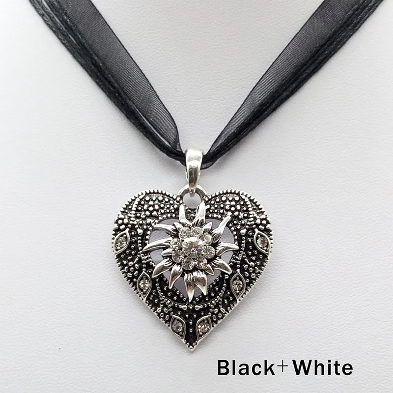 Vintage Silver Color Heart Shape Carved Pendant Simple Ribbon Rope Edelweiss Necklace For Women Oktoberfest Jewelry Wholesale