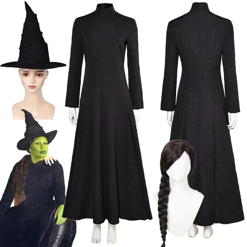 

Elphaba Cosplay Fantasy Black Dress Hat Wigs Movie Wiked Costume Disguise Women Roleplay Fantasia Outfits Female Halloween