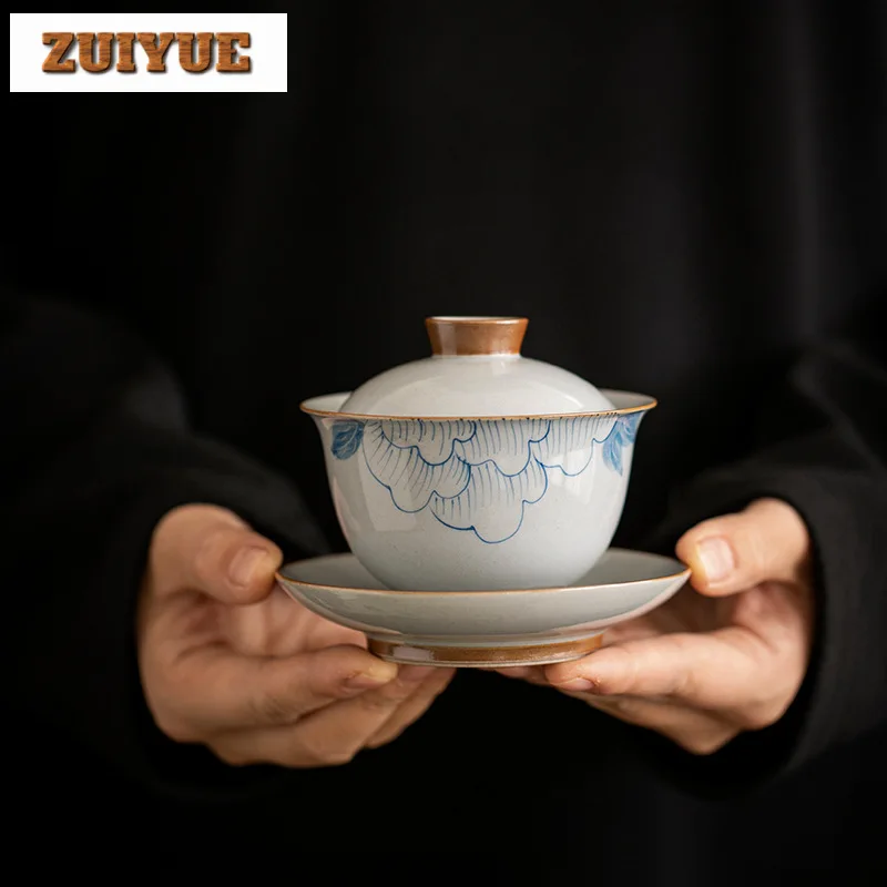 160ml Hand-painted Peony Gaiwan Aesthetic Three Talent Hand Grab Tea Tureen Tea Making Cover Bowl for Tea Accessories Decoration