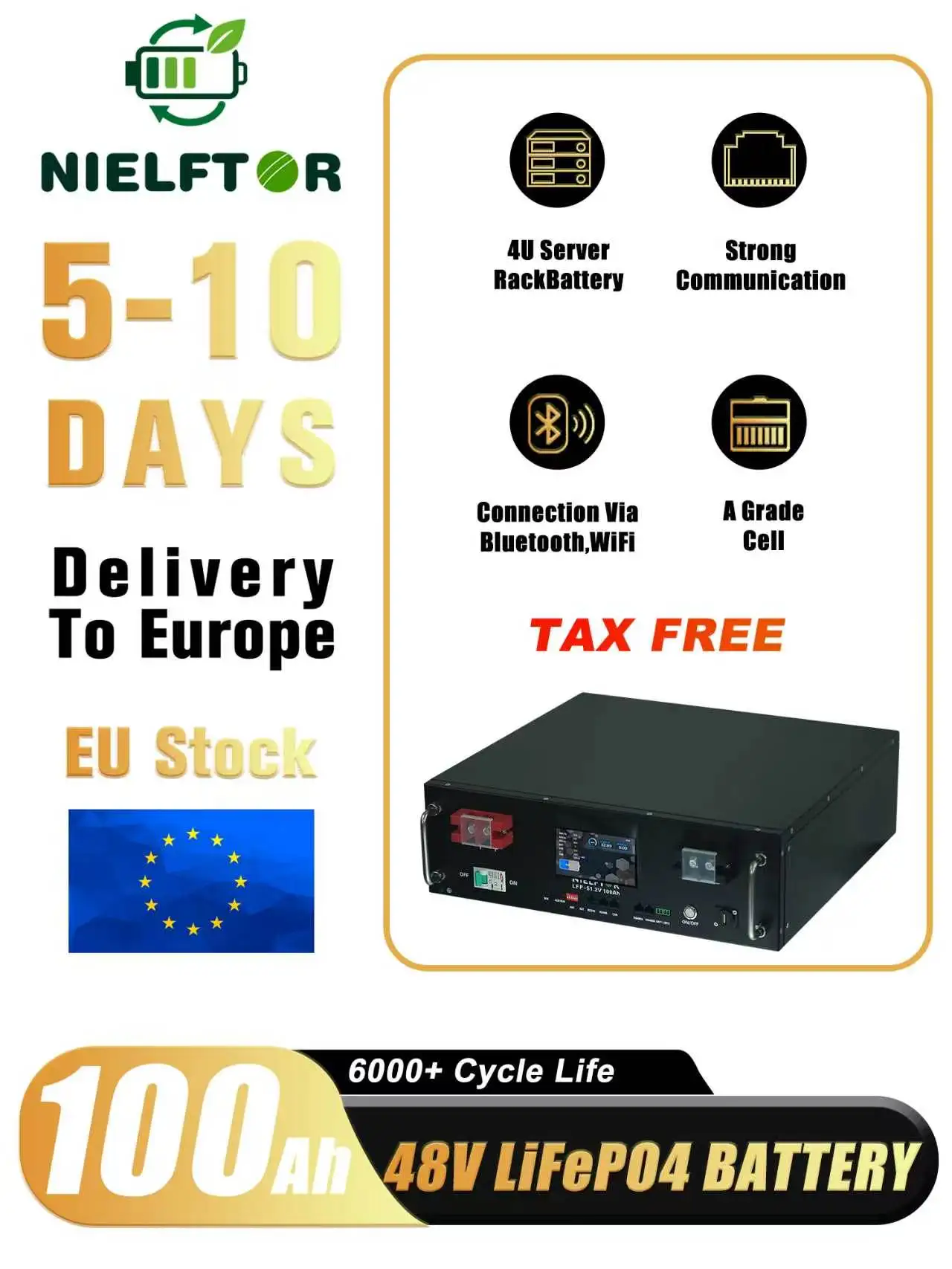 NIELFTOR 48V (51.2V) 100Ah (4 Packs) Batterie au lithium LiFePO4 pour rack de serveur avec écran LED Bluetooth et WiFi, cellules de grade A pour système solaire hors réseau et stockage d'énergie domestique, stock PL EU