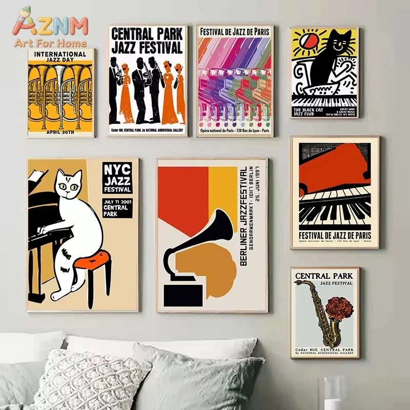 

1pc Vintage Montreux Jazz Festival Phonograph Black Cat Canvas Painting Posters Prints Wall Art Pictures for Living Room Home