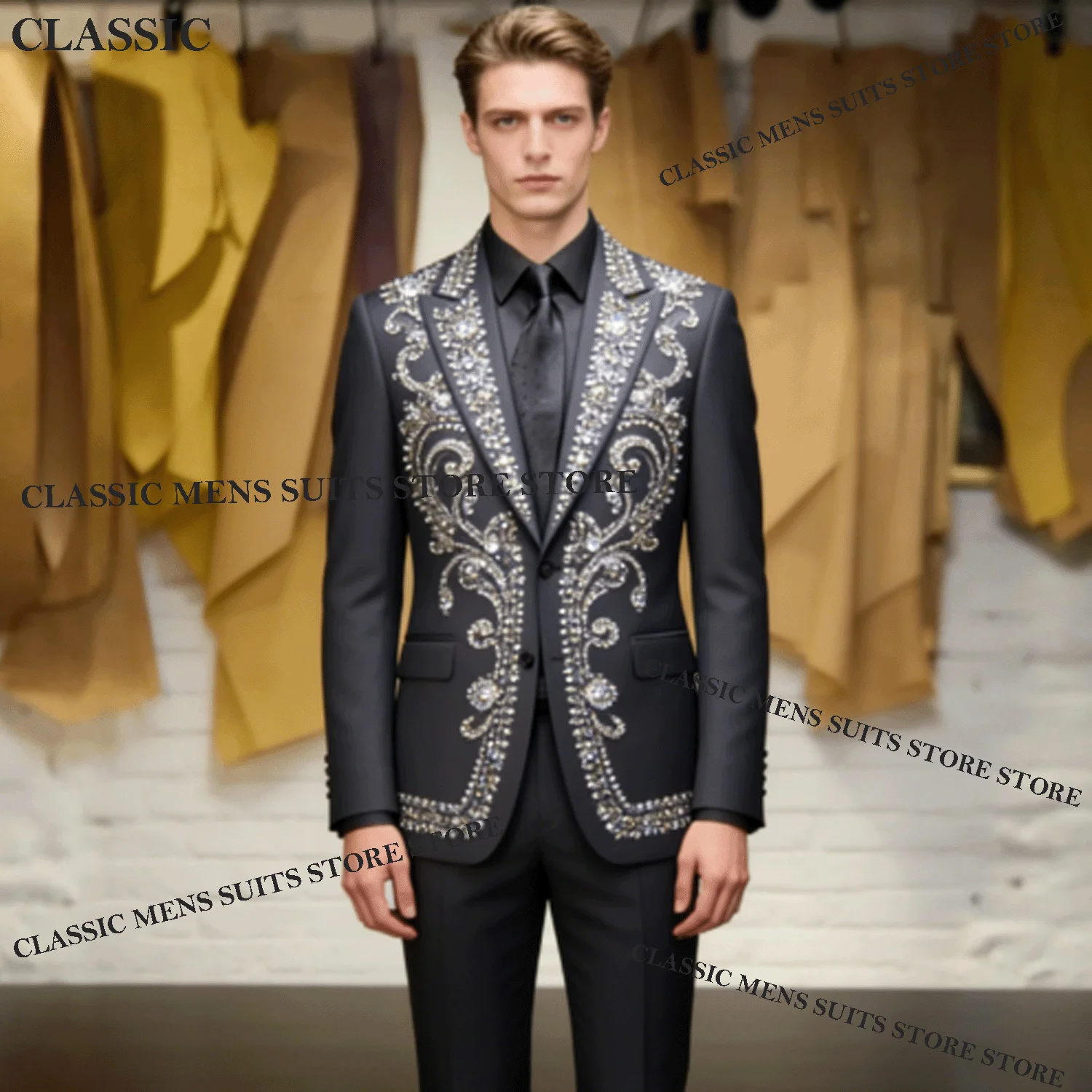 Customized Rhinestone Crystal Men Suits Formal Diamond Sequins Wedding Tuxedos Slim Ropa hombre 2 Pieces Sets Groom Male Blazers
