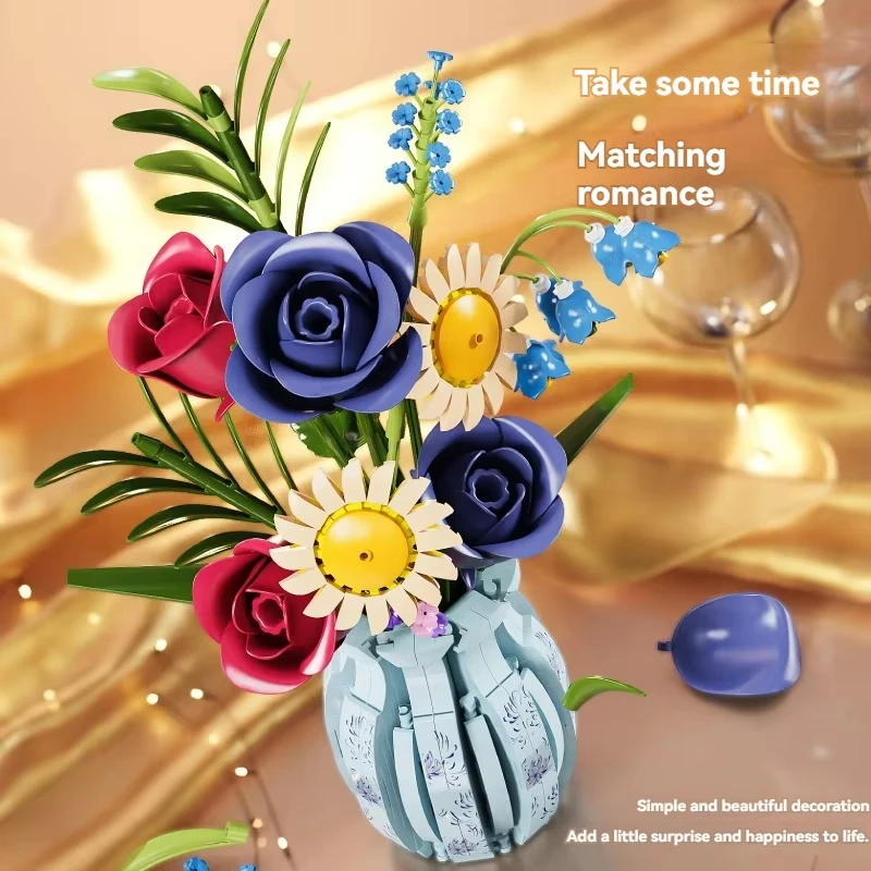 クリエイティブブーケMOCビルディングブロックセットモデルフラワーポット装飾ローズモデルDIYキッズバレンタインデーおもちゃ女の子クリスマスギフト