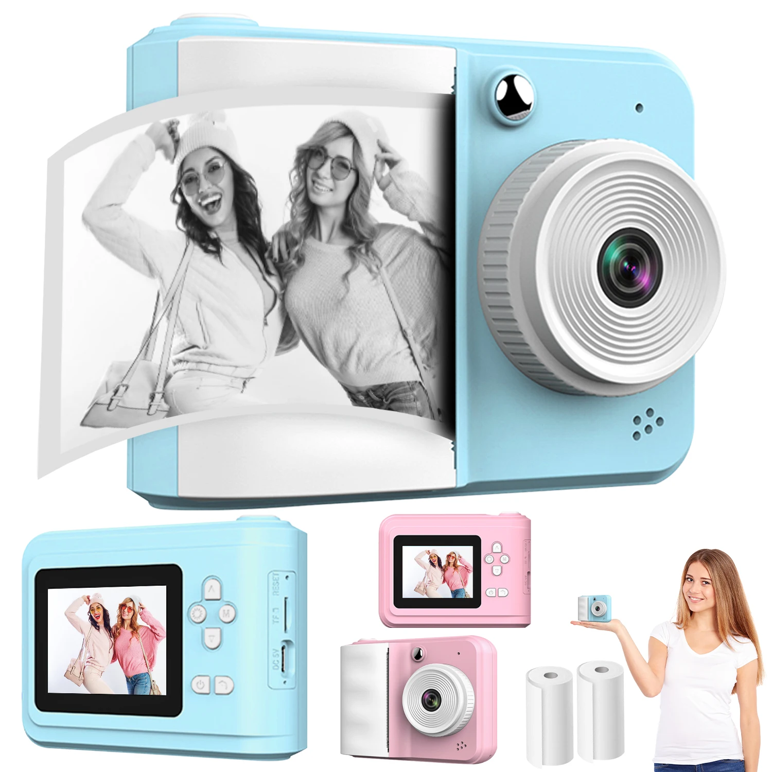 Kids Instant Print Camera For, Multi-Function Creative Drawing For Christmas, Halloween, With roll of pape Kids toy camera