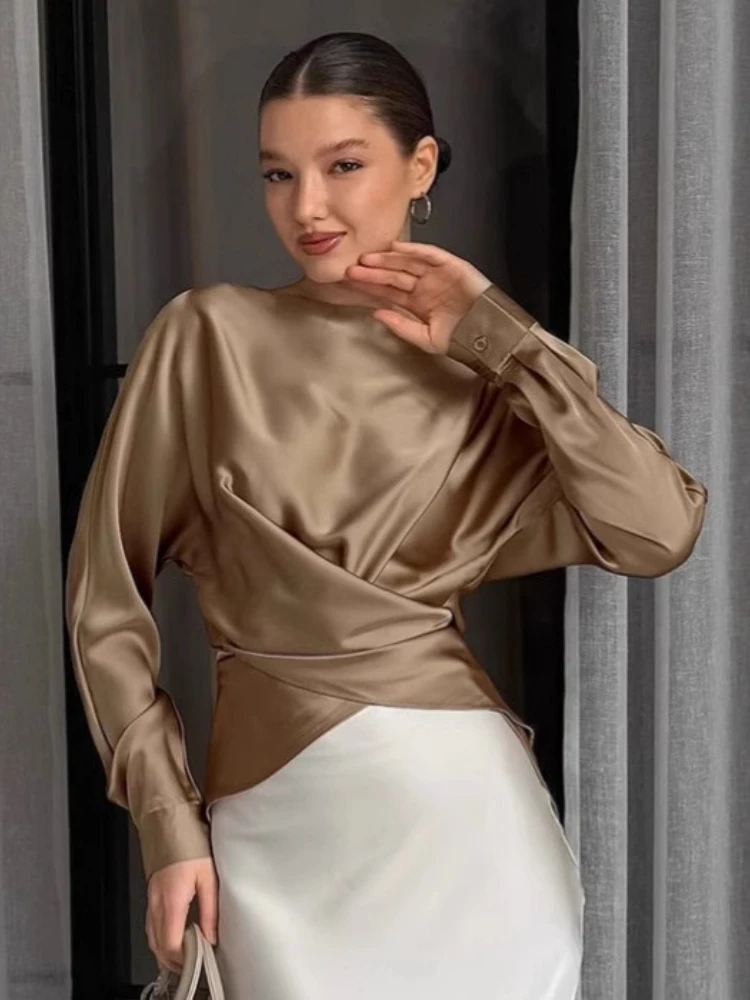 

Bonboho женский элегантный топ с перекрестной передней частью цвета хаки, круглый вырез, длинные рукава, свободная рубашка, блузка со рюшами на талии для офисных дам