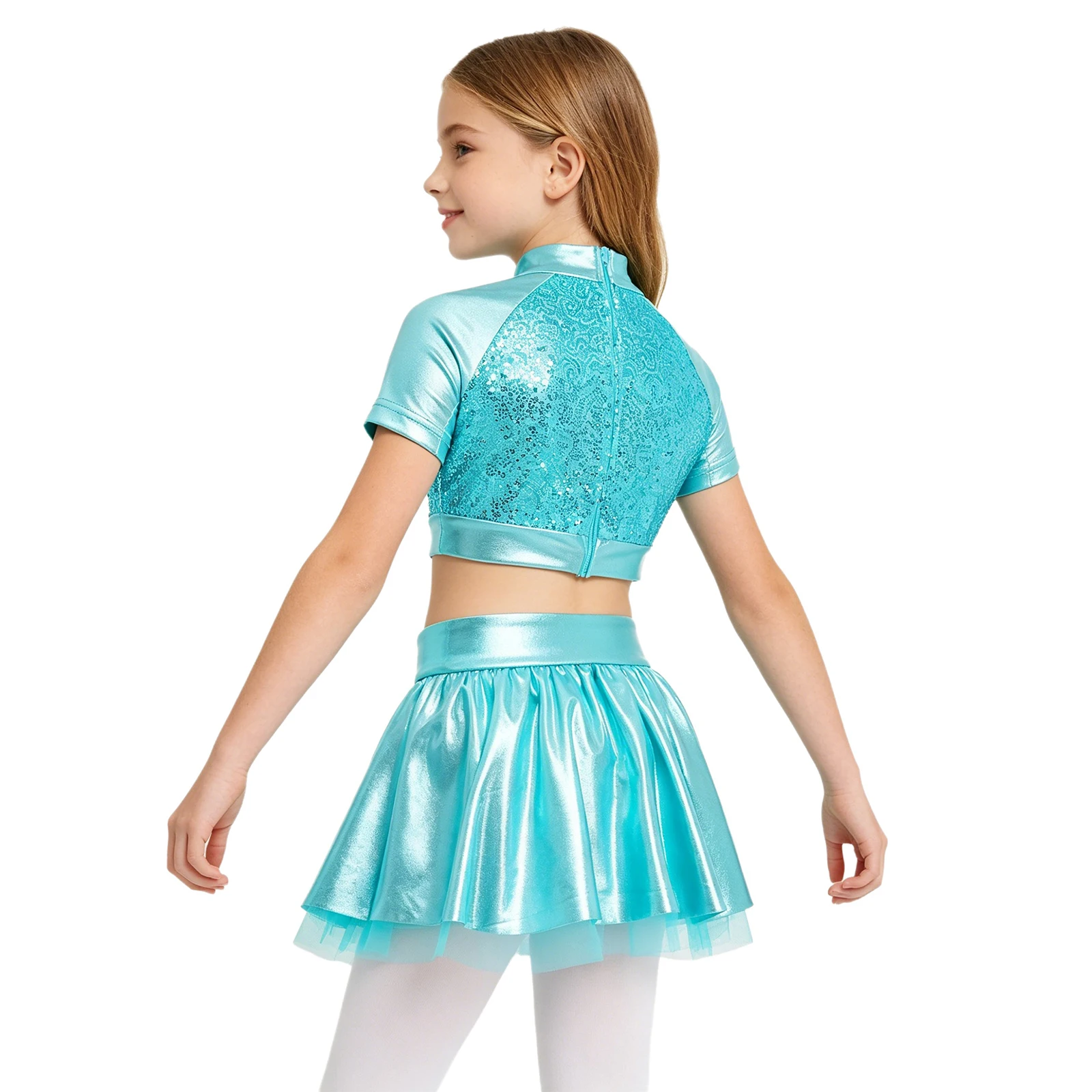 Kids Girls Jazz Dance Performance Outfit Short Sleeve Sequins Metallic Crop Top with Shiny Tutu Skirt for Hip Hop Cheerleading